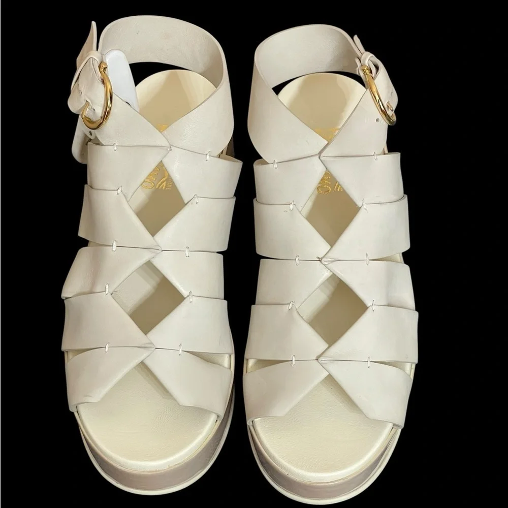 SALVATORE FERRAGAMO EUGENIA PLATFORM SADDLE SOFT LEATHER SANDALS 10C